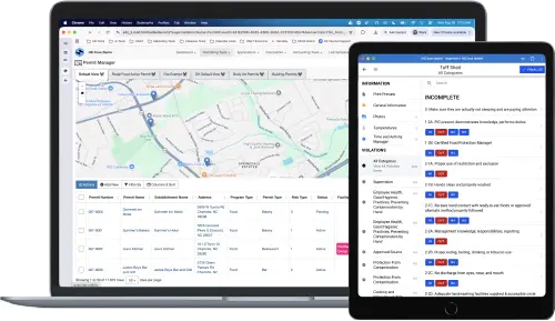 HS CloudSuite permit manager on a laptop beside the mobile inspection app on a tablet